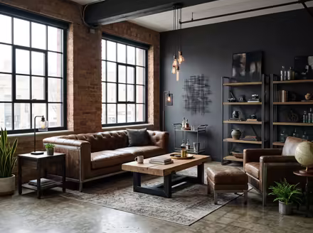 AI-generated industrial loft living room interior design: black steel and aged leather furniture
