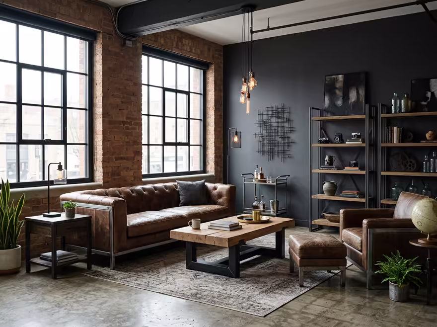 AI-generated industrial loft living room interior design: black steel and aged leather furniture