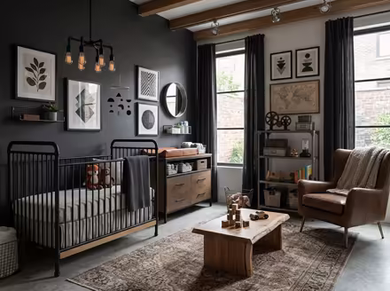 AI-generated industrial loft nursery interior design: black steel and aged leather furniture