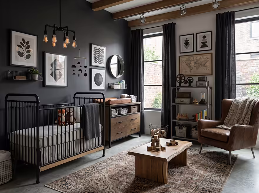 AI-generated industrial loft nursery interior design: black steel and aged leather furniture