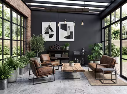 AI-generated industrial loft patio interior design: black steel and aged leather furniture