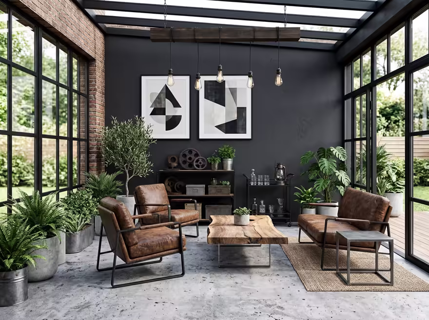 AI-generated industrial loft patio interior design: black steel and aged leather furniture