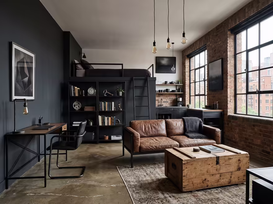 AI-generated industrial loft studio apartment interior design: black steel and aged leather furniture