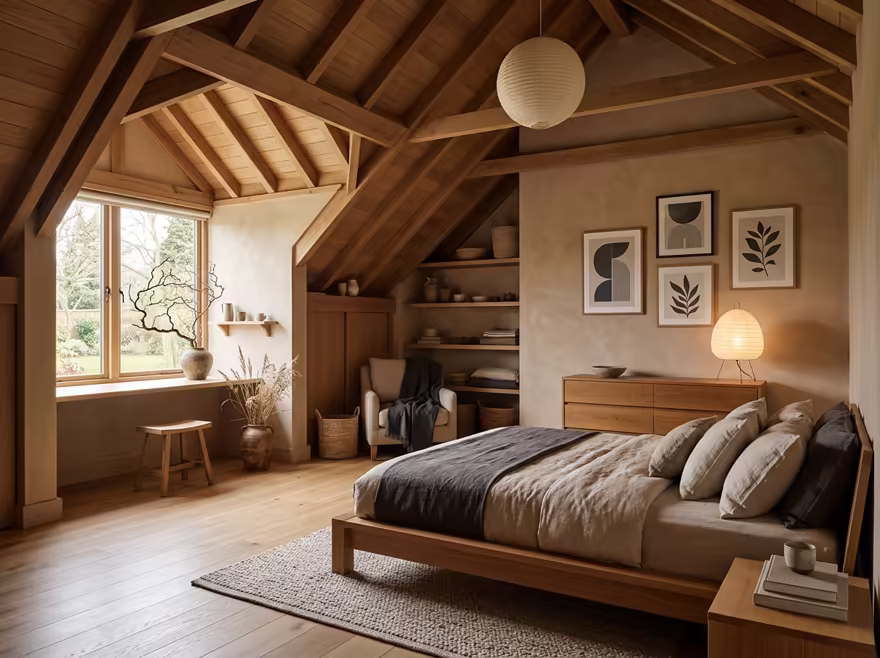 AI-generated japandi attic interior design: Japanese-Scandinavian fusion