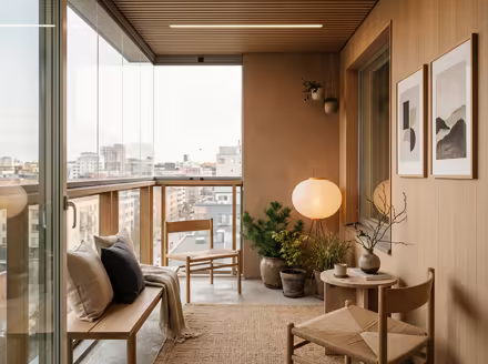 AI-generated japandi balcony interior design: Japanese-Scandinavian fusion
