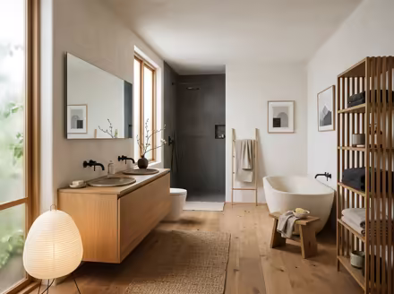 AI-generated japandi bathroom interior design: Japanese-Scandinavian fusion