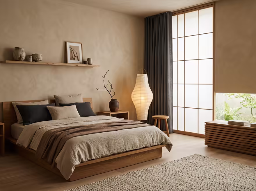 AI-generated japandi bedroom interior design: Japanese-Scandinavian fusion