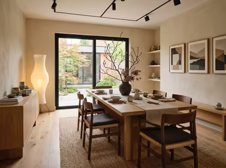 AI-generated japandi dining room interior design: Japanese-Scandinavian fusion