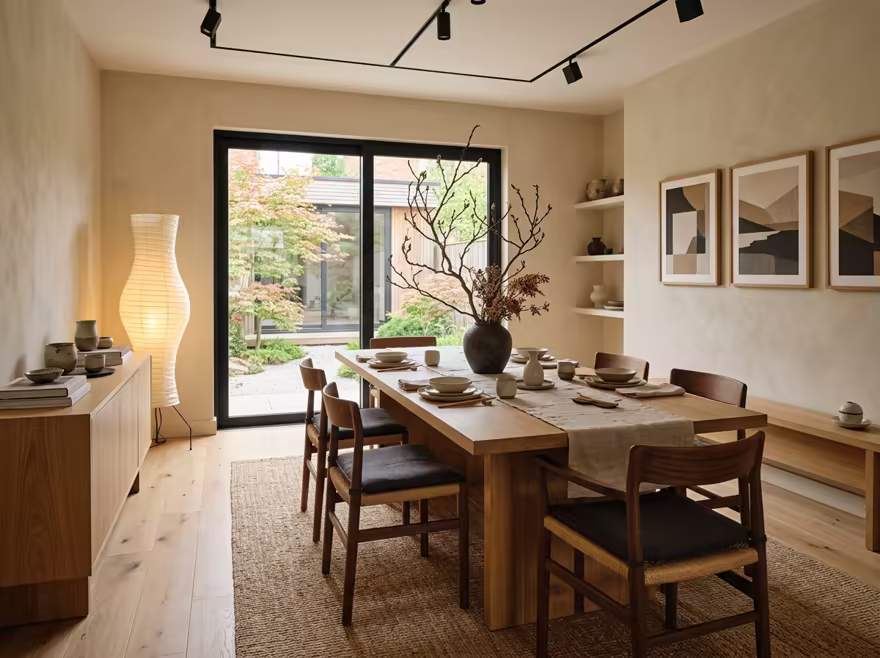 AI-generated japandi dining room interior design: Japanese-Scandinavian fusion