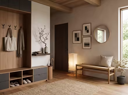 AI-generated japandi entryway interior design: Japanese-Scandinavian fusion