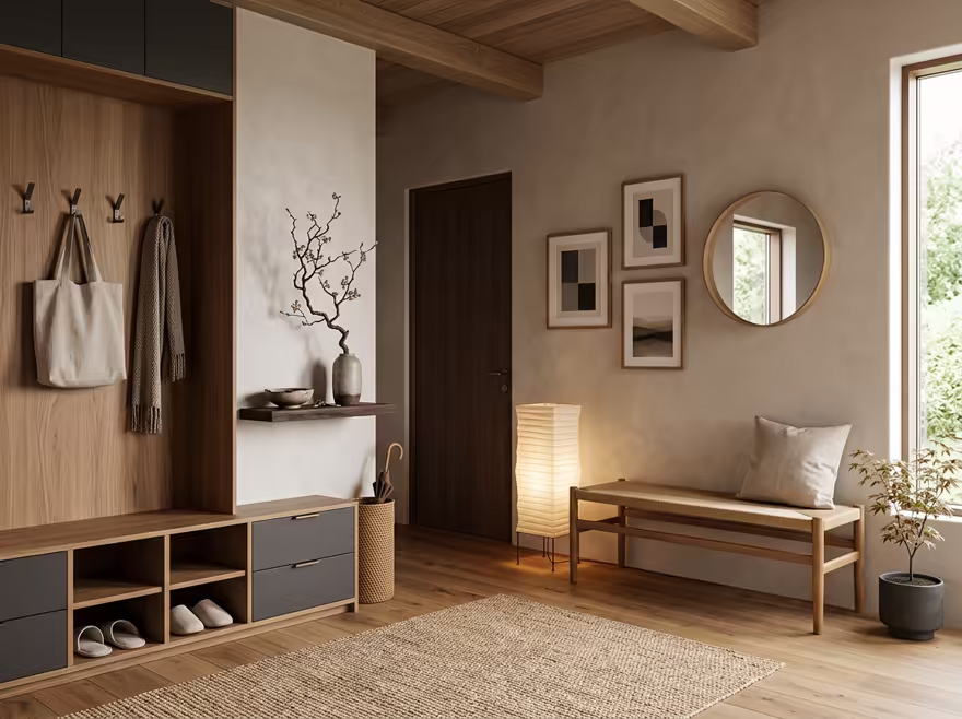 AI-generated japandi entryway interior design: Japanese-Scandinavian fusion