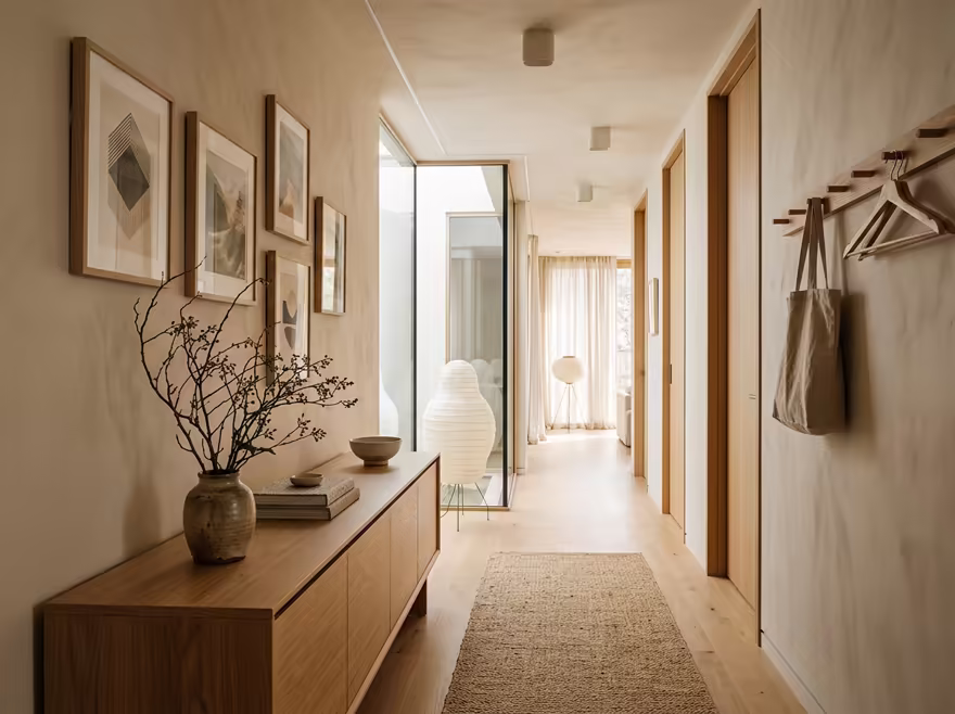 AI-generated japandi hallway interior design: Japanese-Scandinavian fusion