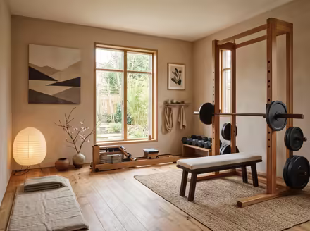 AI-generated japandi home gym interior design: Japanese-Scandinavian fusion