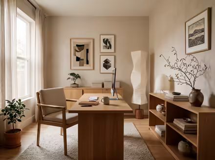 AI-generated japandi home office interior design: Japanese-Scandinavian fusion