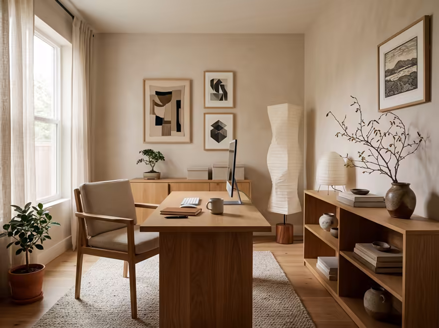 AI-generated japandi home office interior design: Japanese-Scandinavian fusion