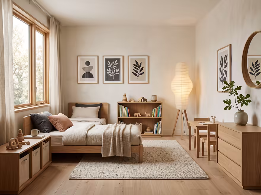 AI-generated japandi kids room interior design: Japanese-Scandinavian fusion