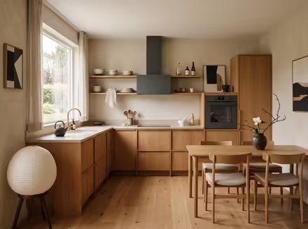 AI-generated japandi kitchen interior design: Japanese-Scandinavian fusion