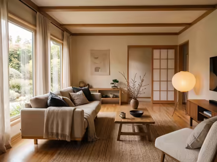 AI-generated japandi living room interior design: Japanese-Scandinavian fusion