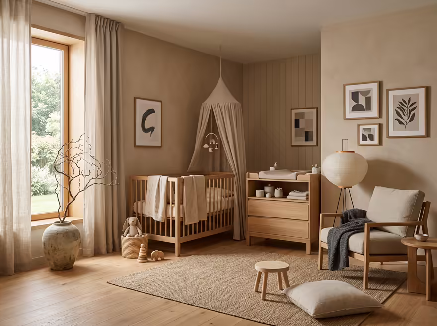 AI-generated japandi nursery interior design: Japanese-Scandinavian fusion