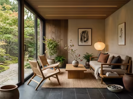 AI-generated japandi patio interior design: Japanese-Scandinavian fusion