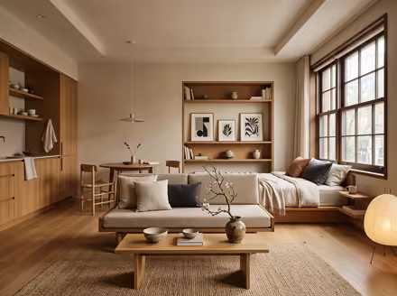 AI-generated japandi studio apartment interior design: Japanese-Scandinavian fusion