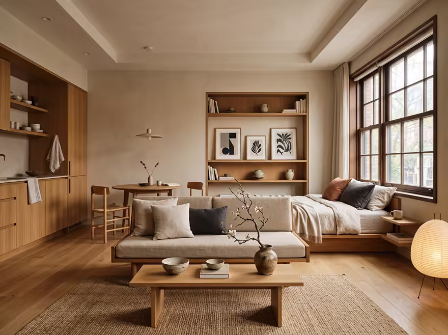 AI-generated japandi studio apartment interior design: Japanese-Scandinavian fusion
