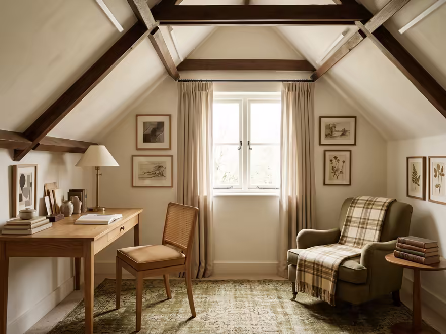 AI-generated light academia attic interior design: vintage-inspired furniture in lighter woods