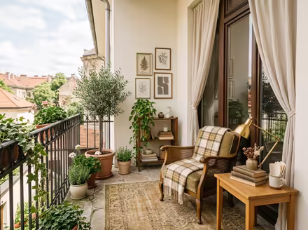 AI-generated light academia balcony interior design: vintage-inspired furniture in lighter woods
