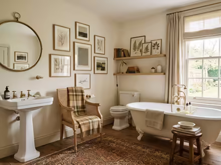 AI-generated light academia bathroom interior design: vintage-inspired furniture in lighter woods