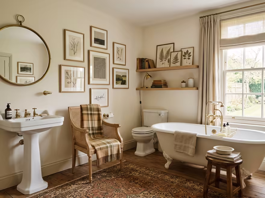 AI-generated light academia bathroom interior design: vintage-inspired furniture in lighter woods