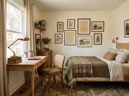 AI-generated light academia bedroom interior design: vintage-inspired furniture in lighter woods