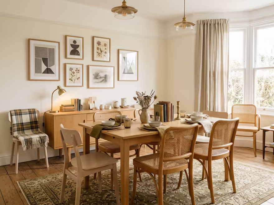 AI-generated light academia dining room interior design: vintage-inspired furniture in lighter woods