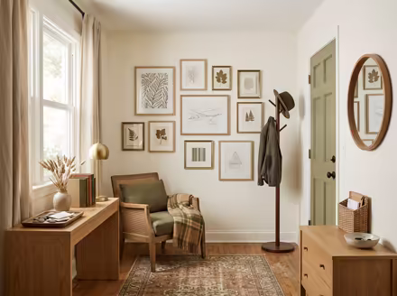 AI-generated light academia entryway interior design: vintage-inspired furniture in lighter woods