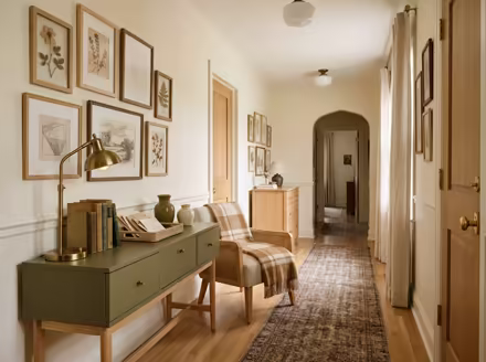 AI-generated light academia hallway interior design: vintage-inspired furniture in lighter woods