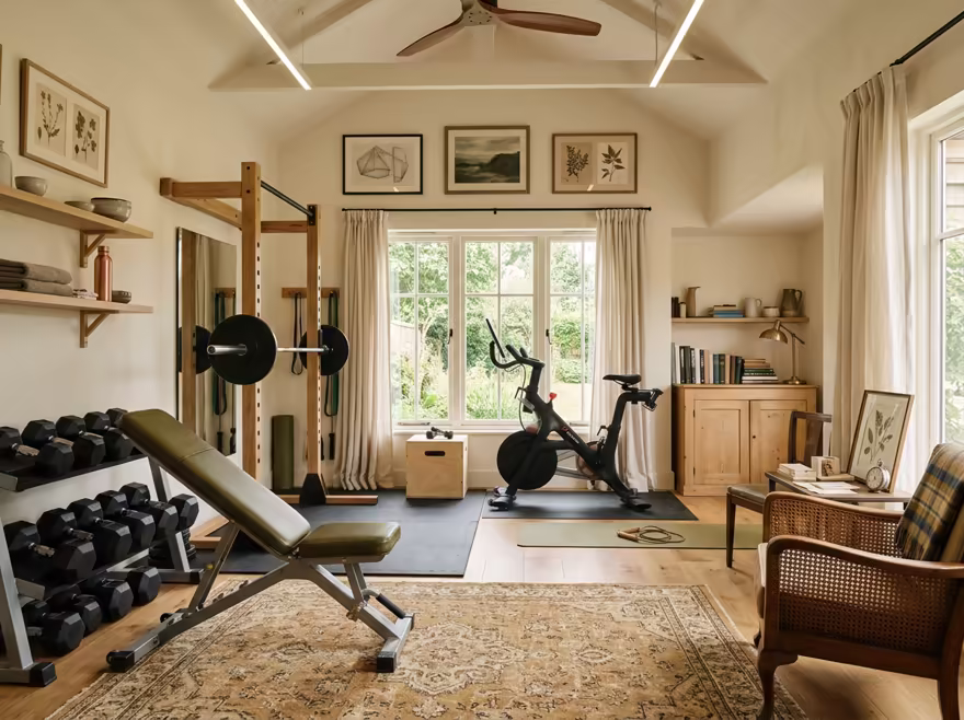 AI-generated light academia home gym interior design: vintage-inspired furniture in lighter woods