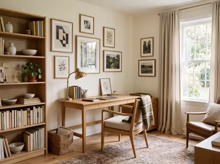 AI-generated light academia home office interior design: vintage-inspired furniture in lighter woods