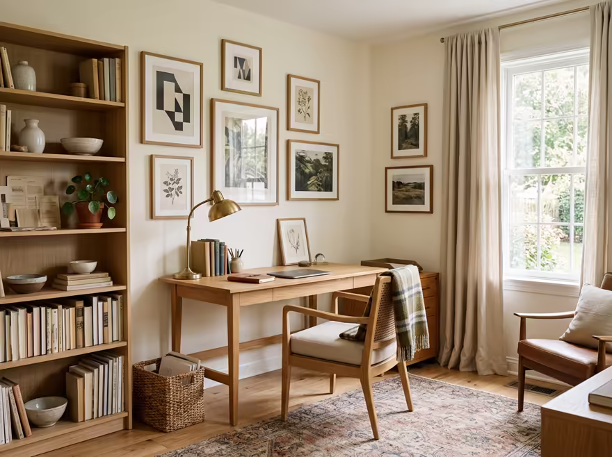 AI-generated light academia home office interior design: vintage-inspired furniture in lighter woods