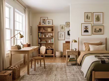 AI-generated light academia kids room interior design: vintage-inspired furniture in lighter woods