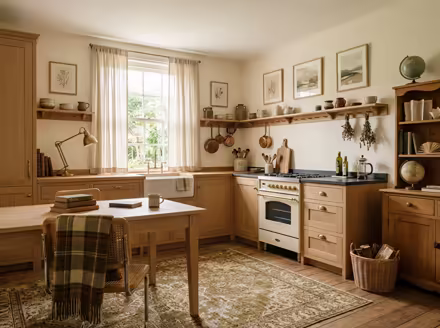AI-generated light academia kitchen interior design: vintage-inspired furniture in lighter woods