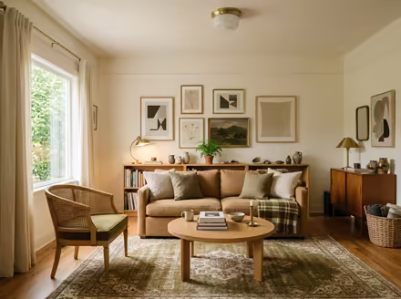 AI-generated light academia living room interior design: vintage-inspired furniture in lighter woods