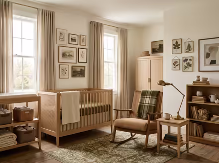 AI-generated light academia nursery interior design: vintage-inspired furniture in lighter woods