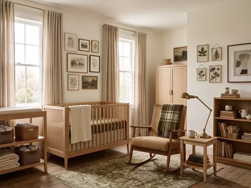 AI-generated light academia nursery interior design: vintage-inspired furniture in lighter woods