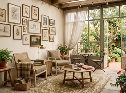 AI-generated light academia patio interior design: vintage-inspired furniture in lighter woods
