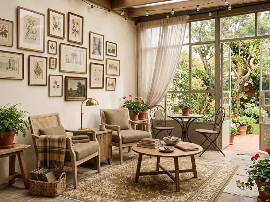 AI-generated light academia patio interior design: vintage-inspired furniture in lighter woods