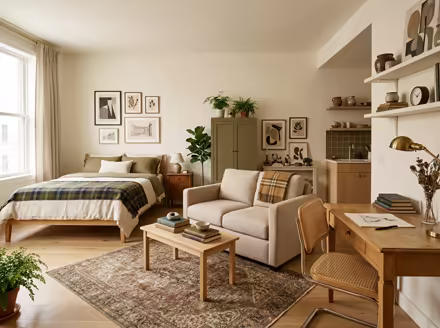 AI-generated light academia studio apartment interior design: vintage-inspired furniture in lighter woods