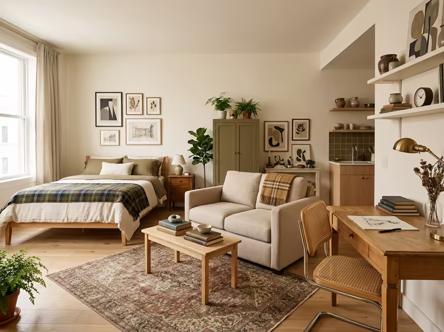 AI-generated light academia studio apartment interior design: vintage-inspired furniture in lighter woods