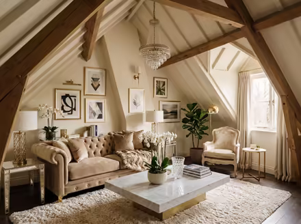AI-generated luxury glam attic interior design: cream and champagne palette