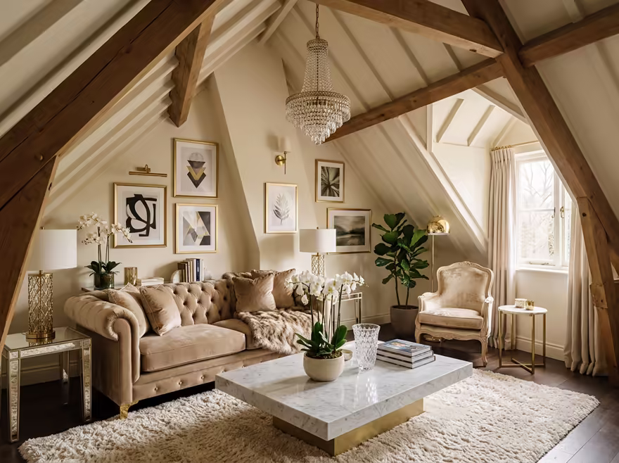 AI-generated luxury glam attic interior design: cream and champagne palette