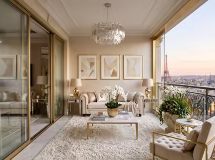 AI-generated luxury glam balcony interior design: cream and champagne palette