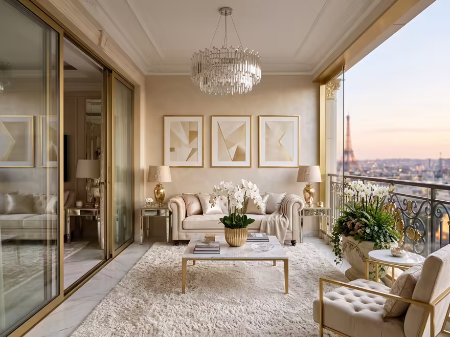 AI-generated luxury glam balcony interior design: cream and champagne palette